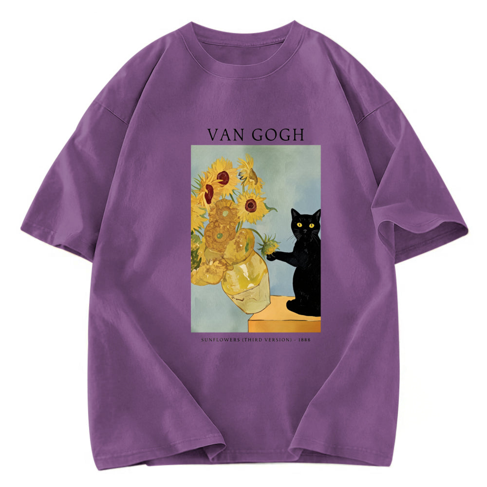 Tokyosol Black Cat With Sunflowers Washed T-Shirt
