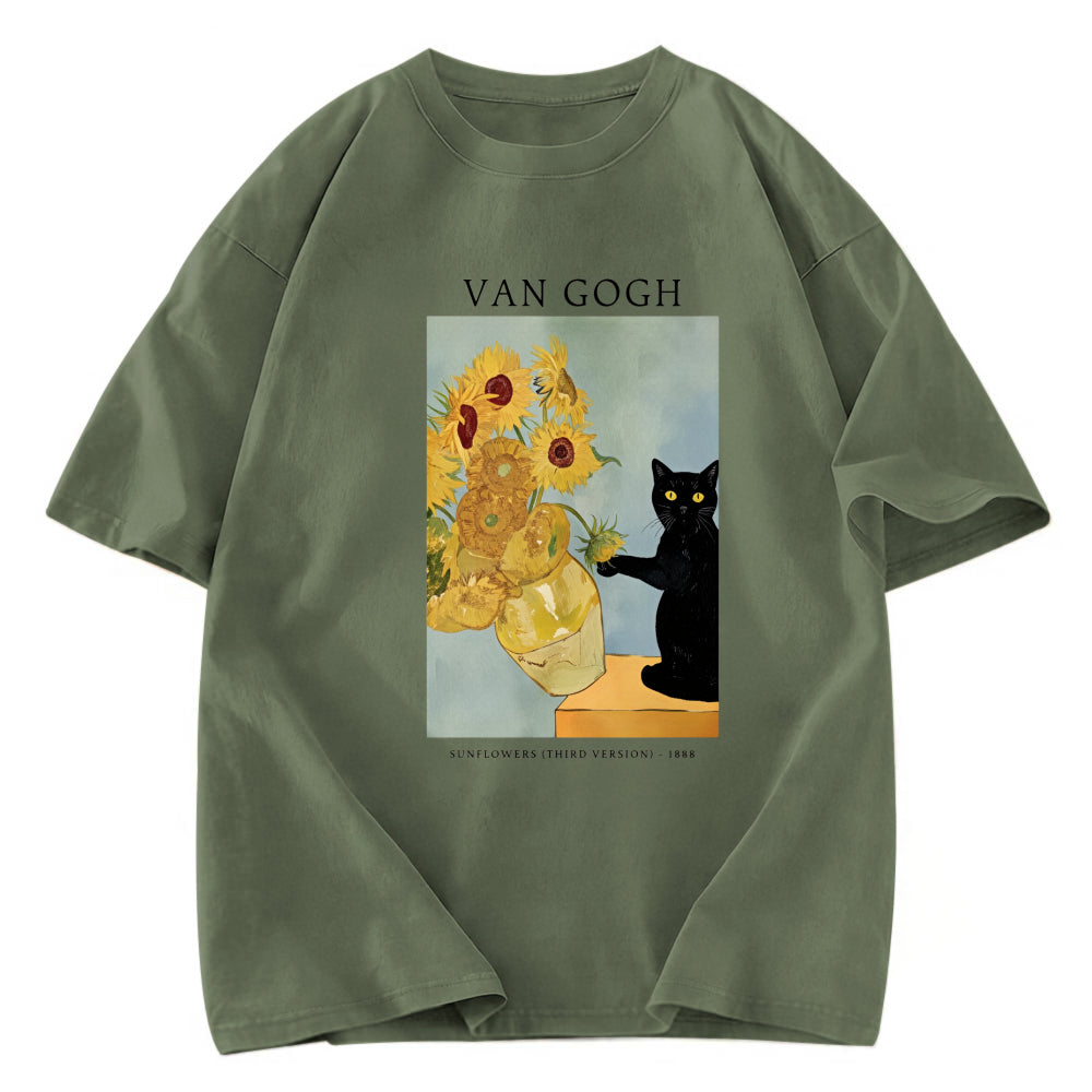 Tokyosol Black Cat With Sunflowers Washed T-Shirt