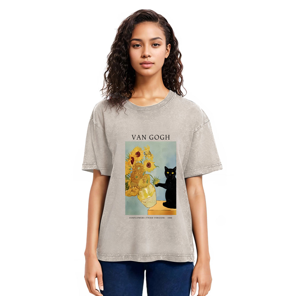 Tokyosol Black Cat With Sunflowers Washed T-Shirt