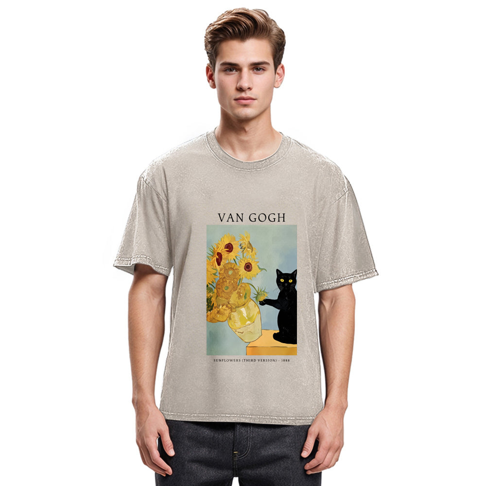 Tokyosol Black Cat With Sunflowers Washed T-Shirt