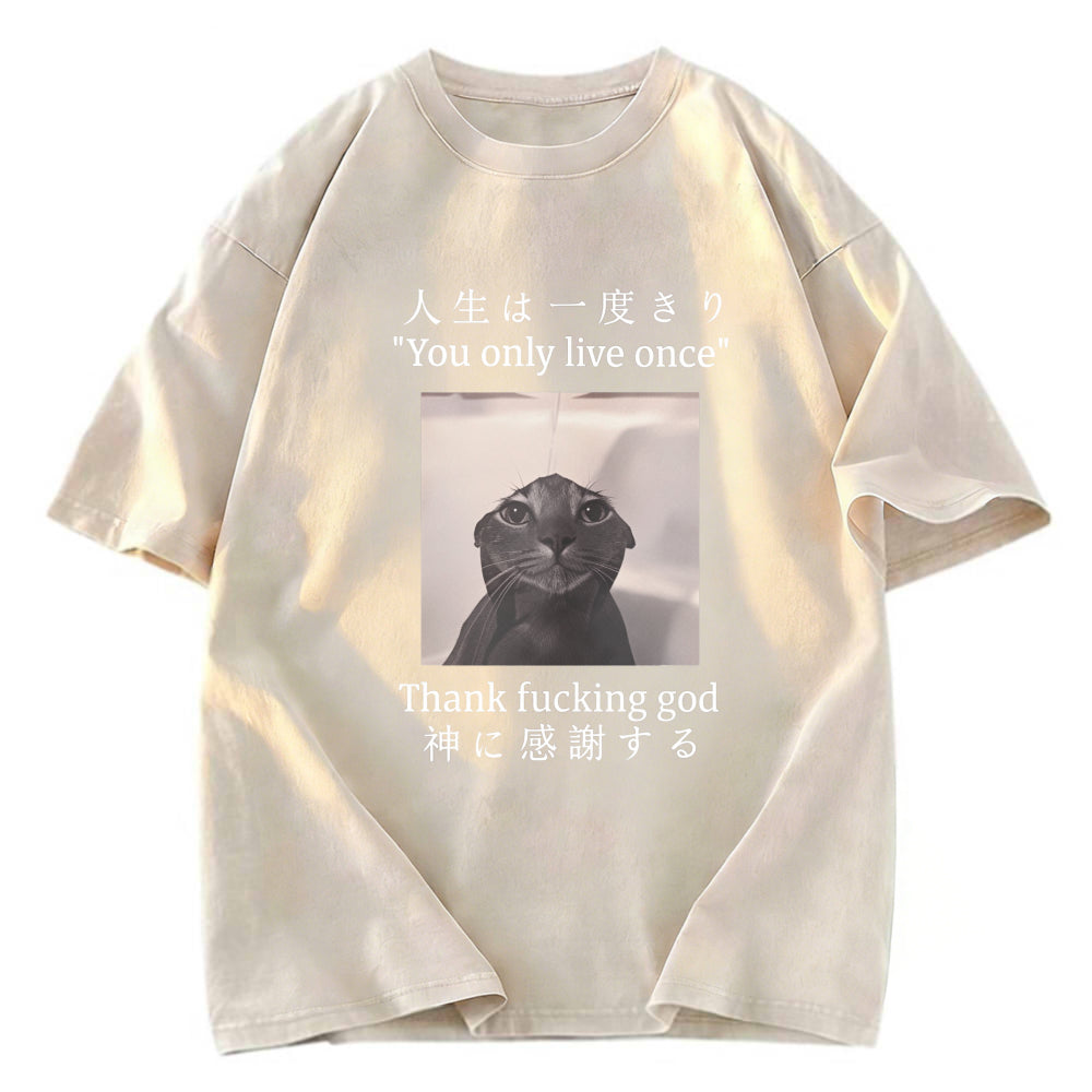 Tokyosol Funny Melancholy Cat Washed T-Shirt