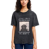 Tokyosol Funny Melancholy Cat Washed T-Shirt
