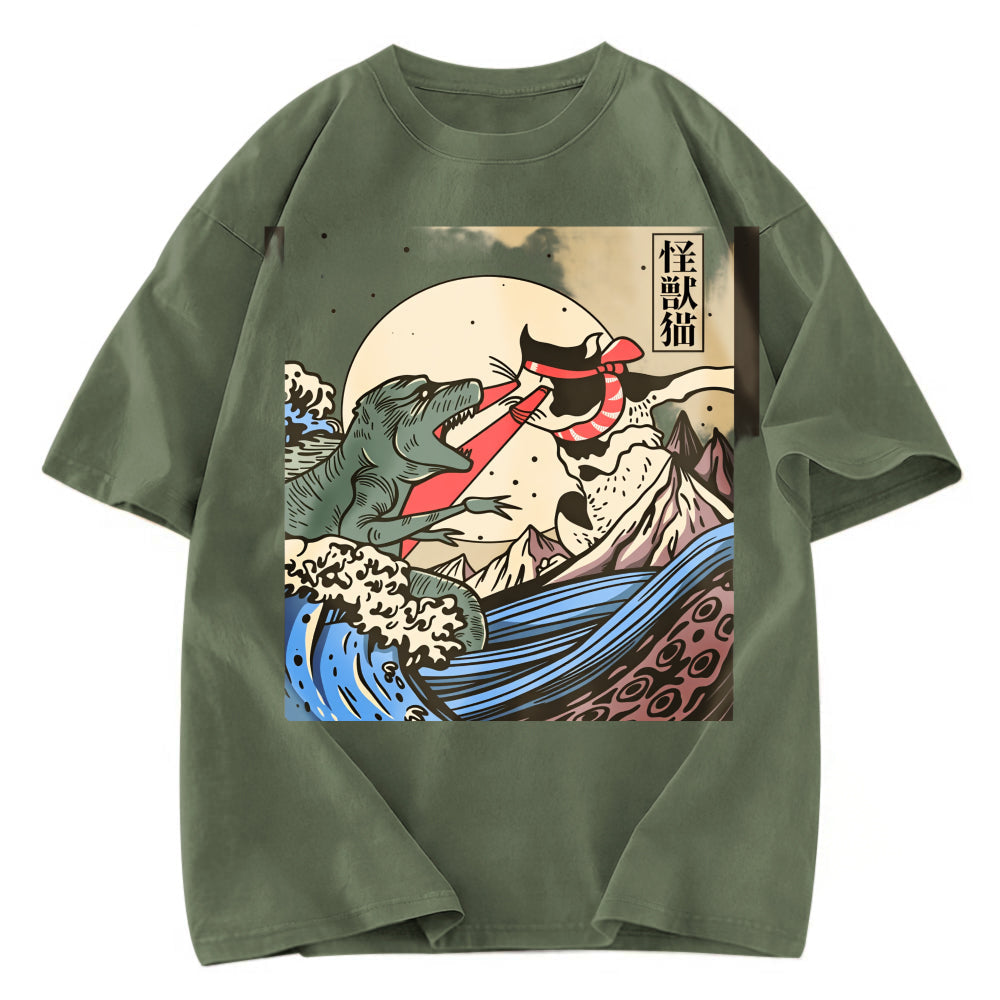 Tokyosol Vintage Retro Japanese Great Wave Cat VS Monster Classic T-Shirt