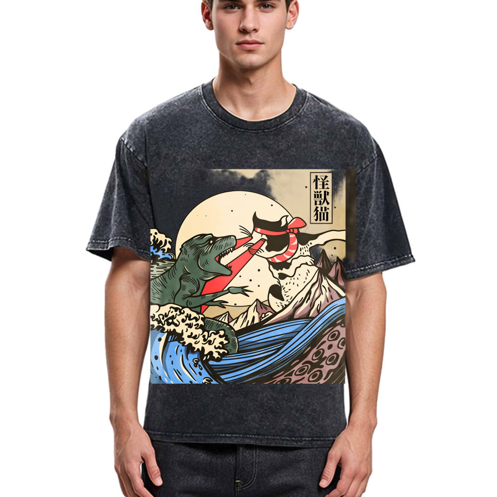 Tokyosol Vintage Retro Japanese Great Wave Cat VS Monster Classic T-Shirt
