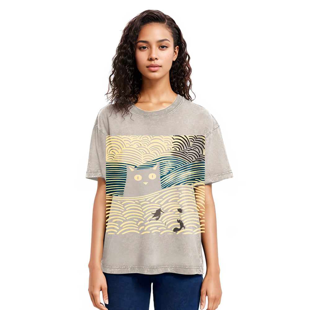 Tokyosol Kawaii Cat Japanese Washed T-Shirt