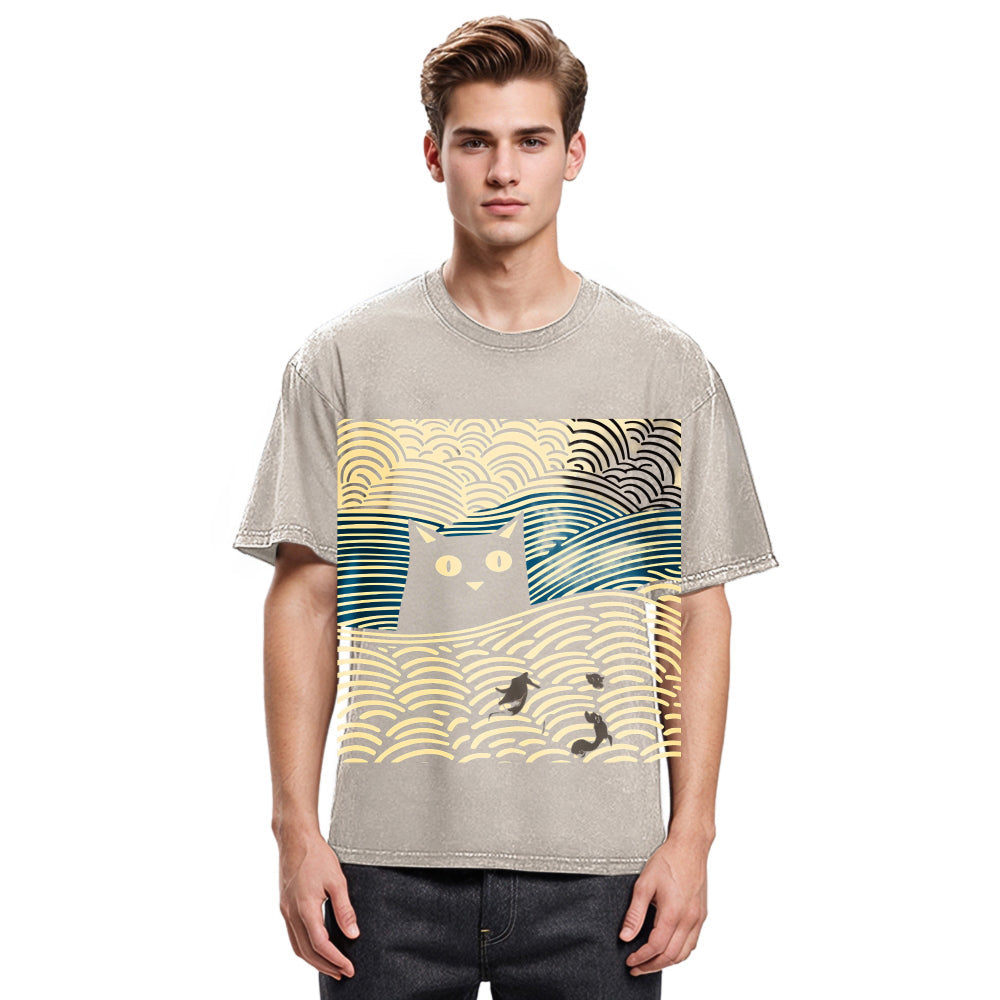 Tokyosol Kawaii Cat Japanese Washed T-Shirt