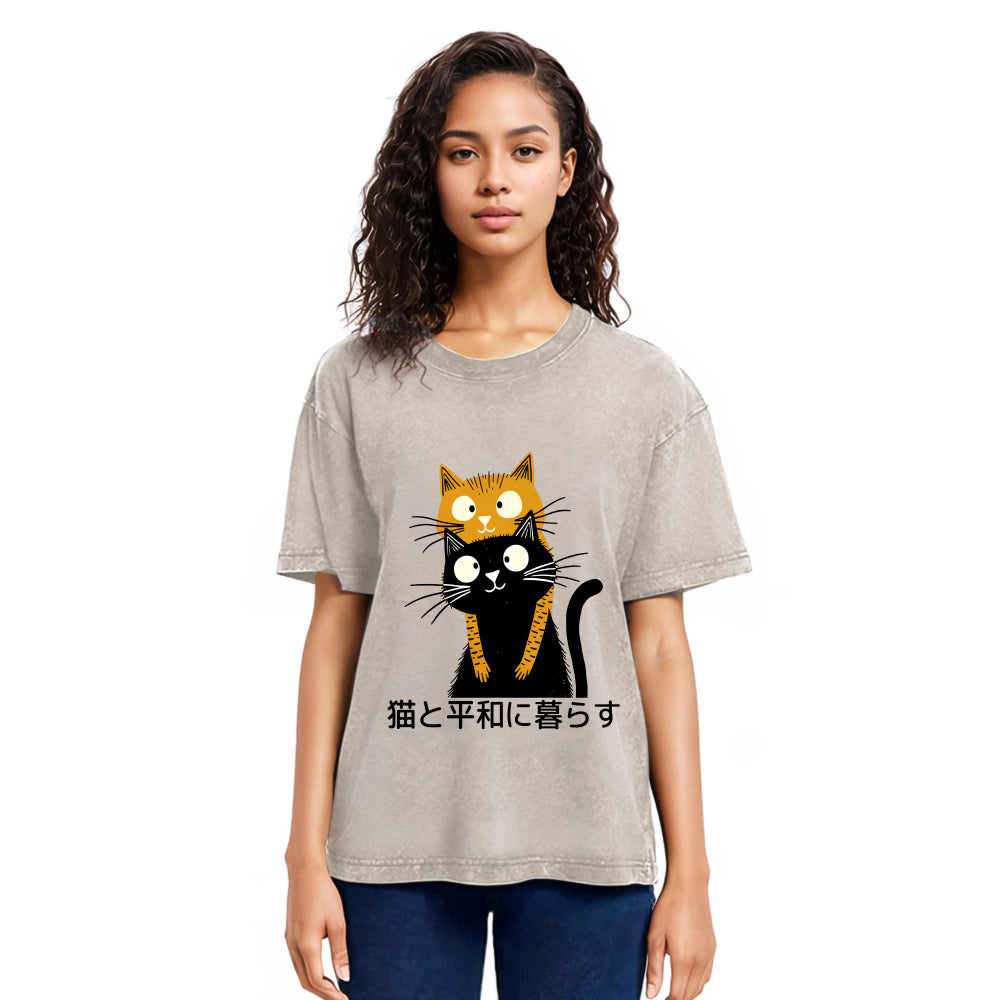 Tokyosol Live Peacefully With Cats Washed T-Shirt