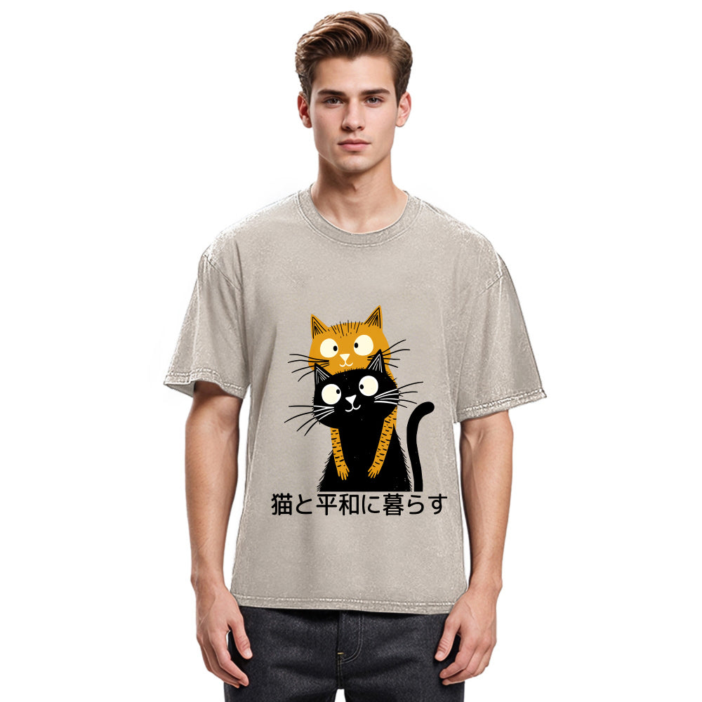 Tokyosol Live Peacefully With Cats Washed T-Shirt