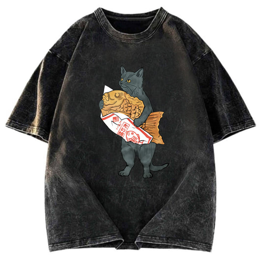 Tokyosol Cat Holding Taiyaki Washed T-Shirt