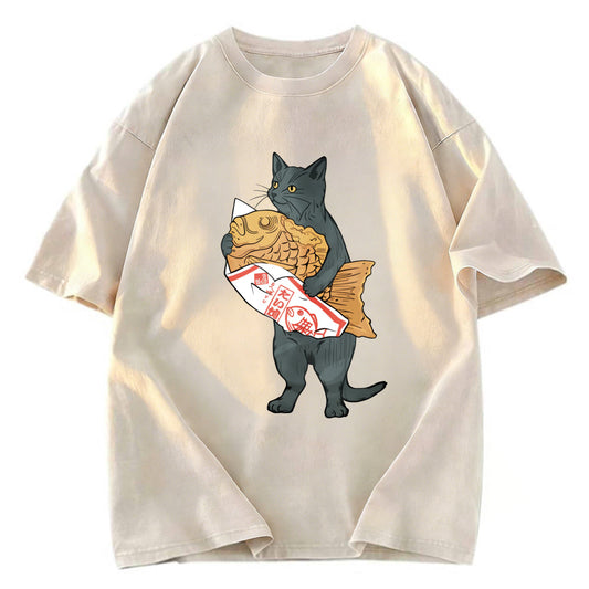 Tokyosol Cat Holding Taiyaki Washed T-Shirt