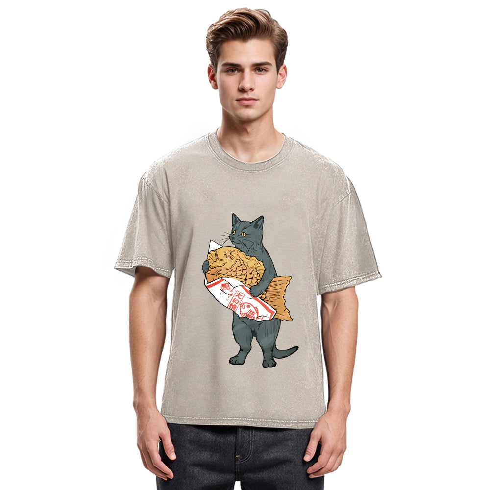 Tokyosol Cat Holding Taiyaki Washed T-Shirt