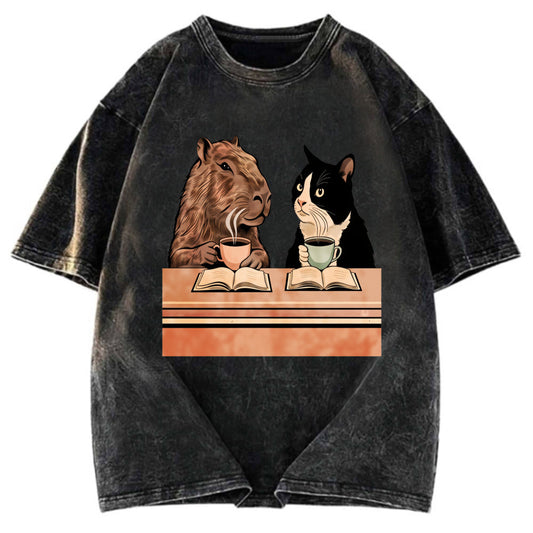 Tokyosol Capybara And Cat Talk Washed T-Shirt