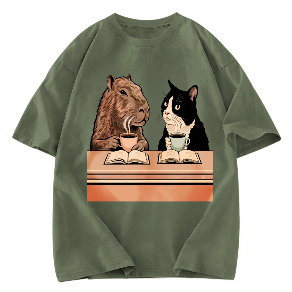 Tokyosol Capybara And Cat Talk Washed T-Shirt