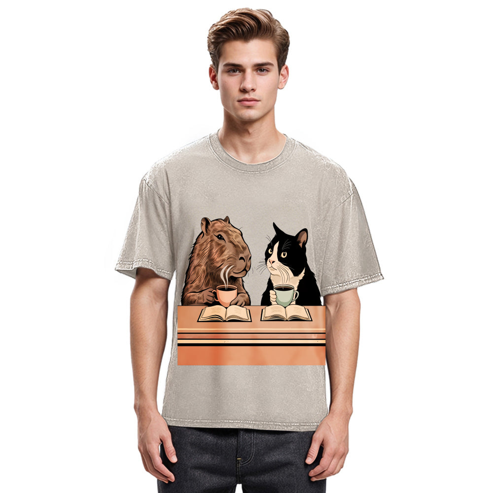 Tokyosol Capybara And Cat Talk Washed T-Shirt
