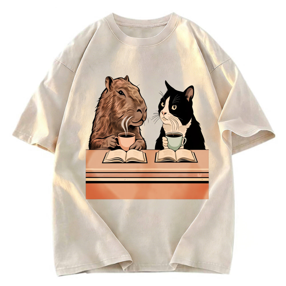 Tokyosol Capybara And Cat Talk Washed T-Shirt