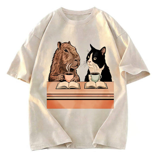 Tokyosol Capybara And Cat Talk Washed T-Shirt