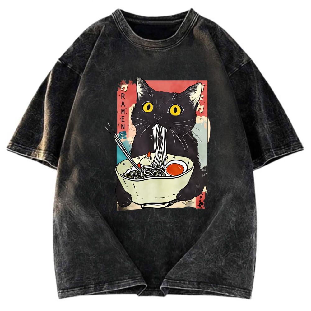 Tokyosol Cute Cat Eating Ramen Washed T-Shirt