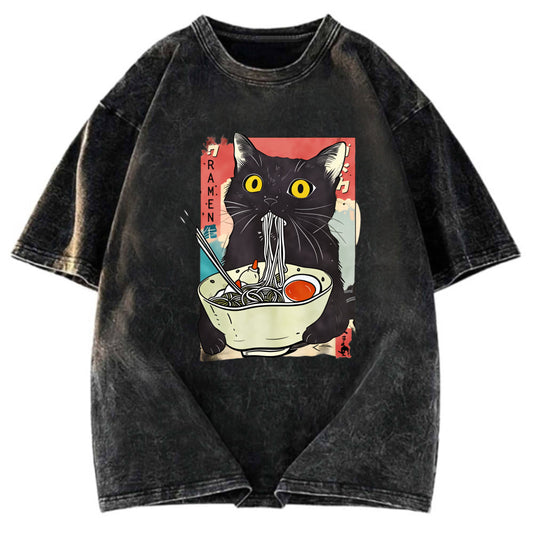 Tokyosol Cute Cat Eating Ramen Washed T-Shirt