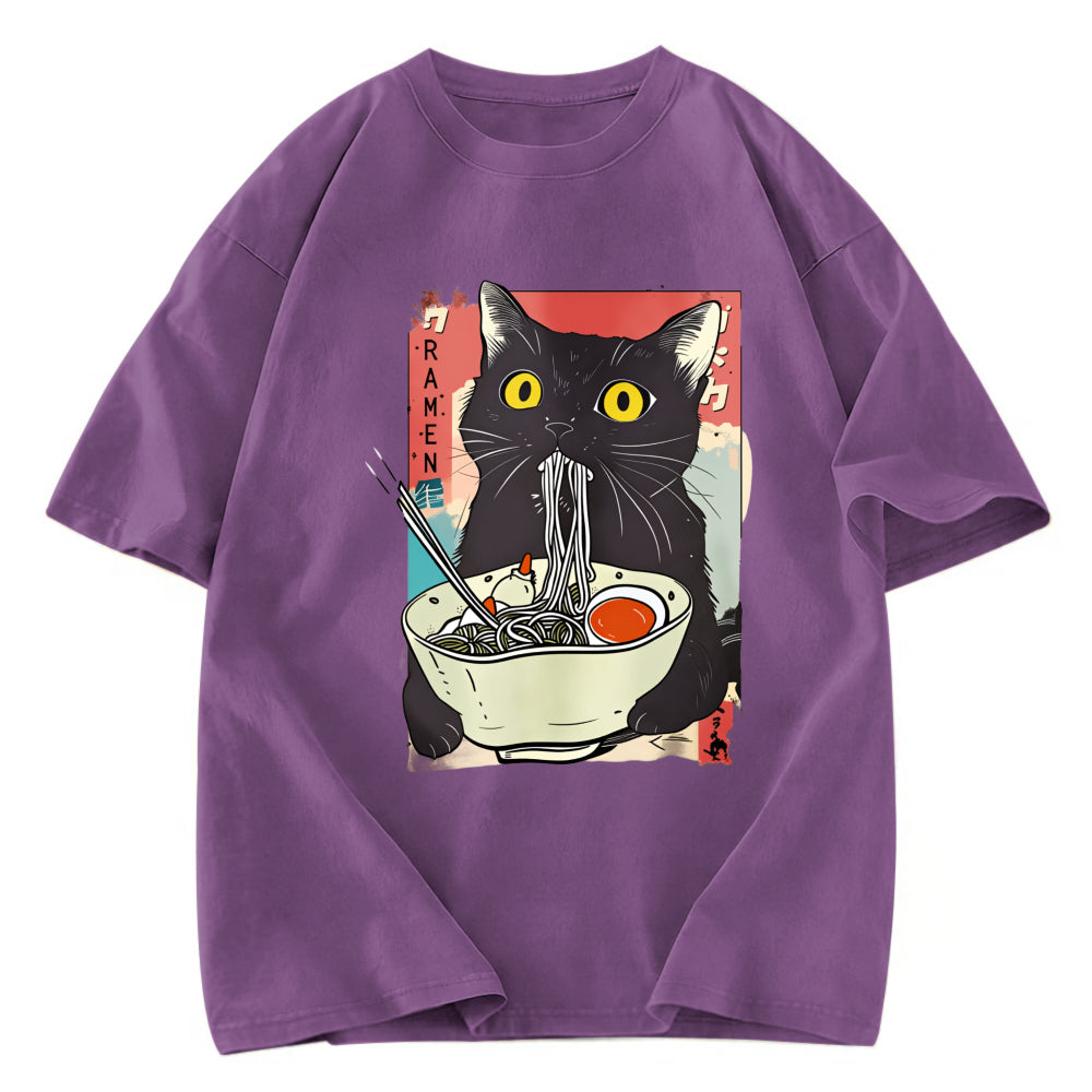 Tokyosol Cute Cat Eating Ramen Washed T-Shirt
