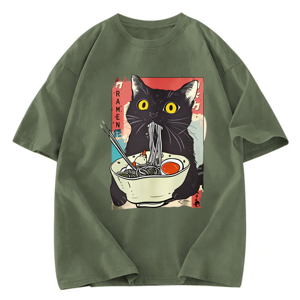 Tokyosol Cute Cat Eating Ramen Washed T-Shirt