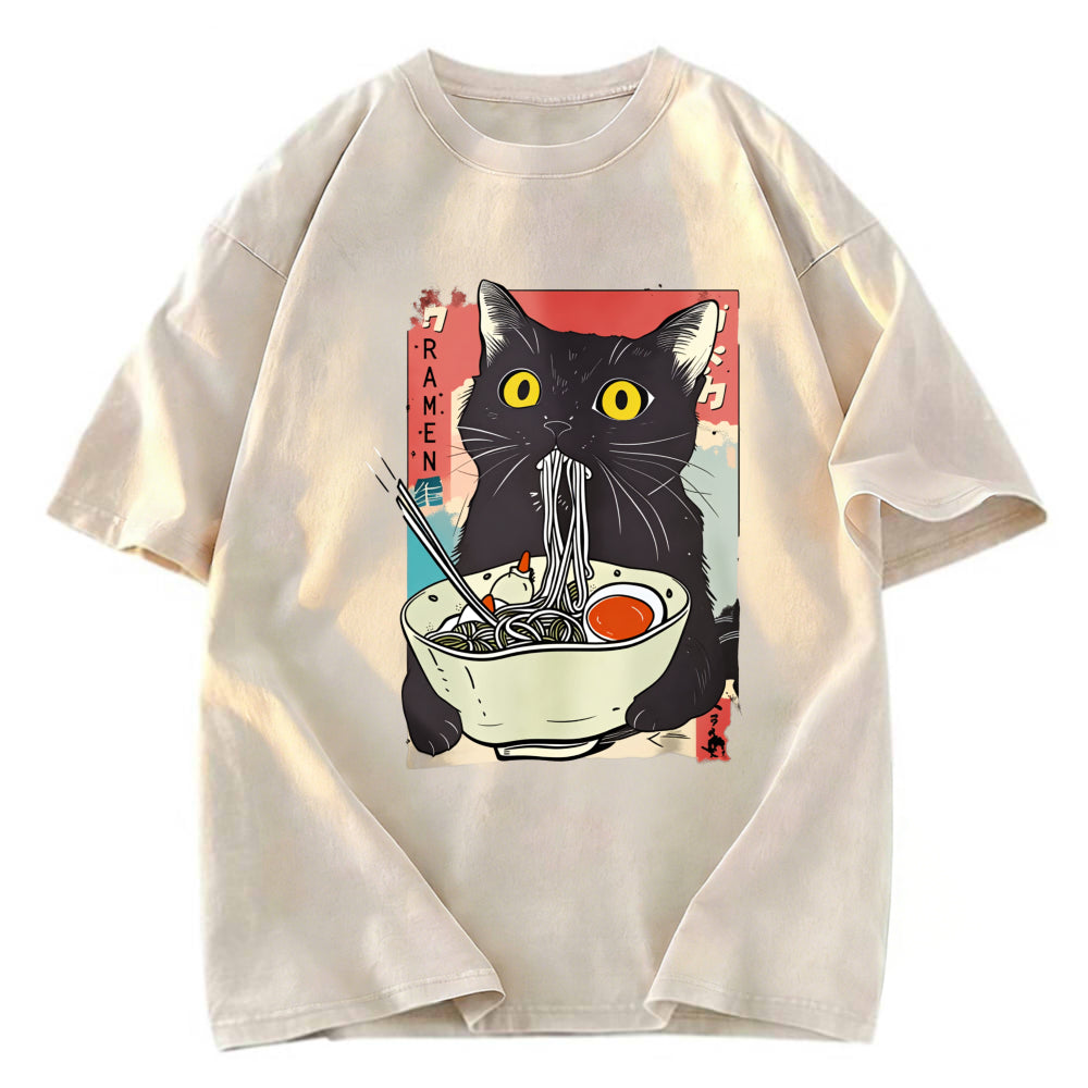 Tokyosol Cute Cat Eating Ramen Washed T-Shirt