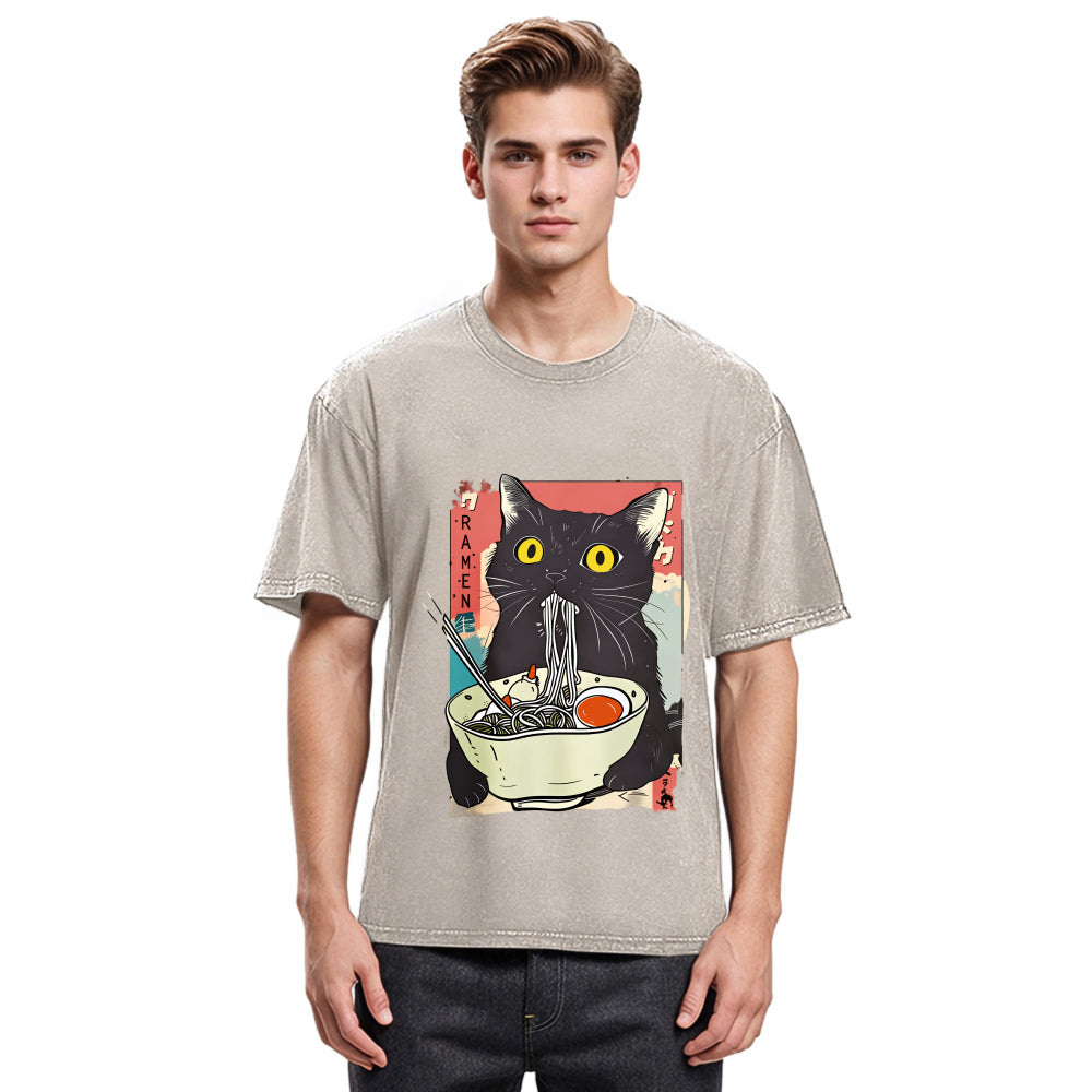 Tokyosol Cute Cat Eating Ramen Washed T-Shirt