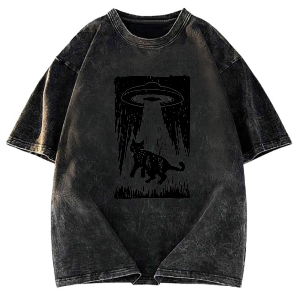 Tokyosol Cat Kidnapped By Aliens Washed T-Shirt