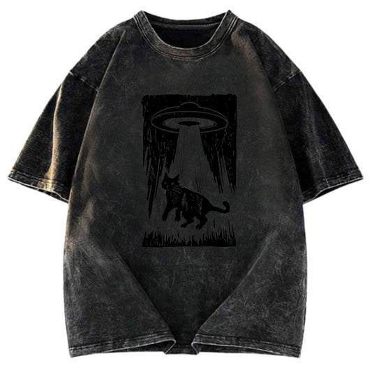 Tokyosol Cat Kidnapped By Aliens Washed T-Shirt