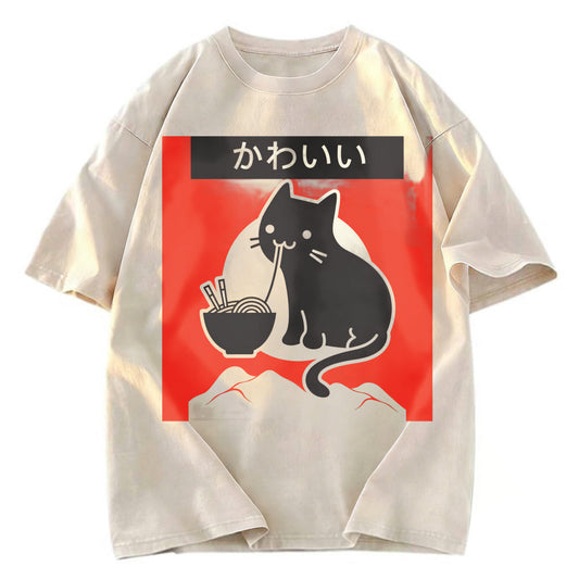 Tokyosol Kawaii Vintage Ramen Cat Washed T-Shirt