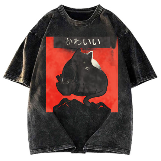 Tokyosol Kawaii Vintage Ramen Cat Washed T-Shirt