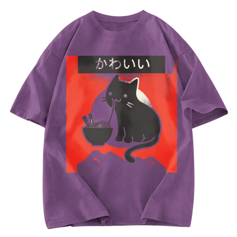 Tokyosol Kawaii Vintage Ramen Cat Washed T-Shirt