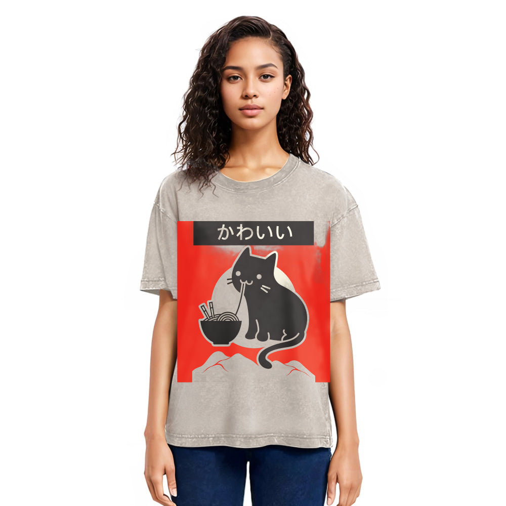 Tokyosol Kawaii Vintage Ramen Cat Washed T-Shirt