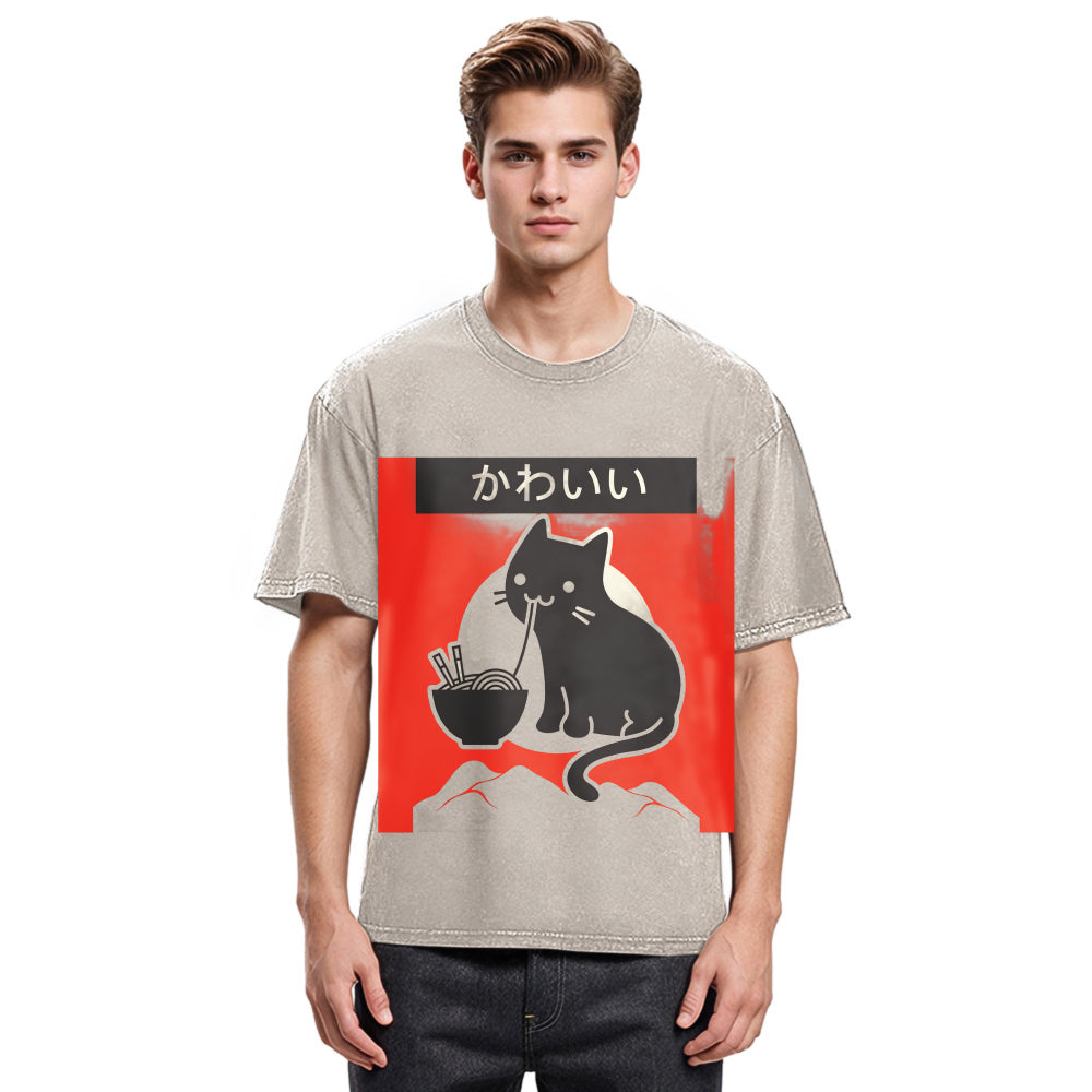 Tokyosol Kawaii Vintage Ramen Cat Washed T-Shirt