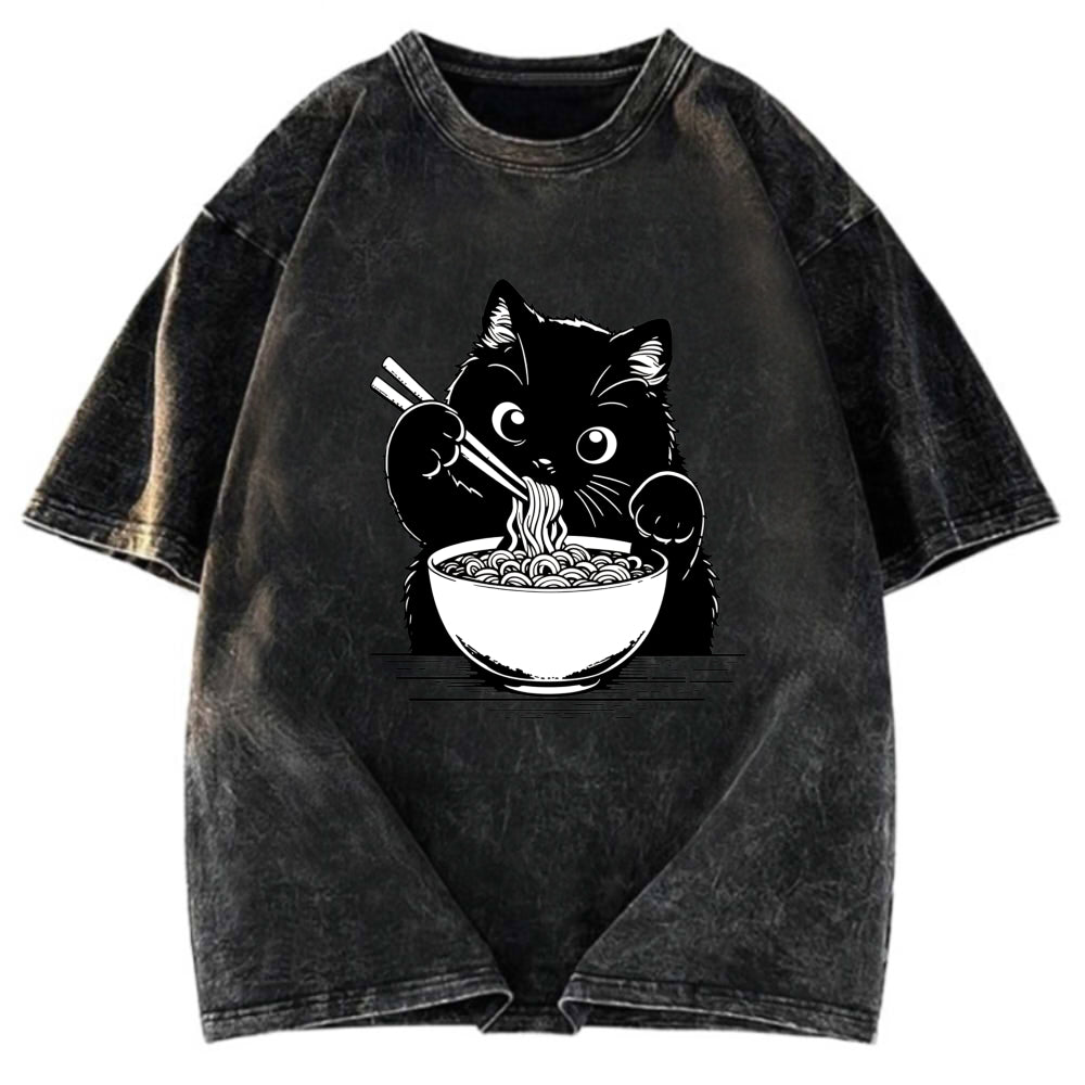 Tokyosol Cute Cat Eat Ramen Washed T-Shirt