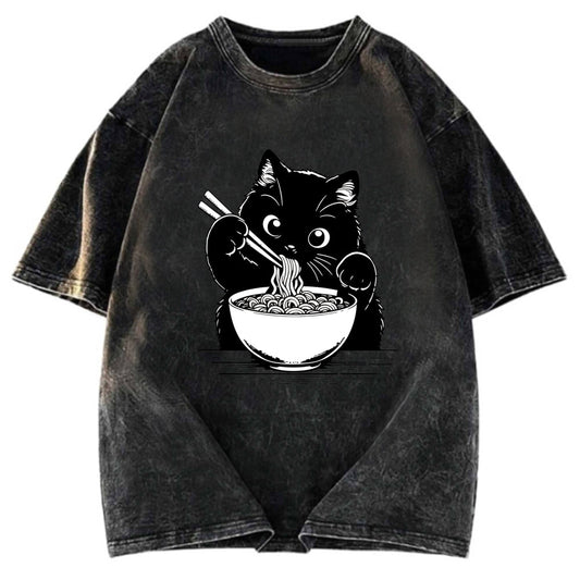 Tokyosol Cute Cat Eat Ramen Washed T-Shirt