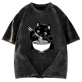 Tokyosol Cute Cat Eat Ramen Washed T-Shirt