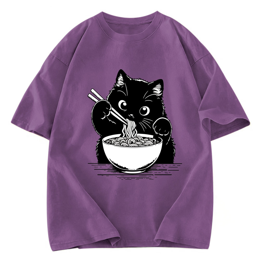 Tokyosol Cute Cat Eat Ramen Washed T-Shirt