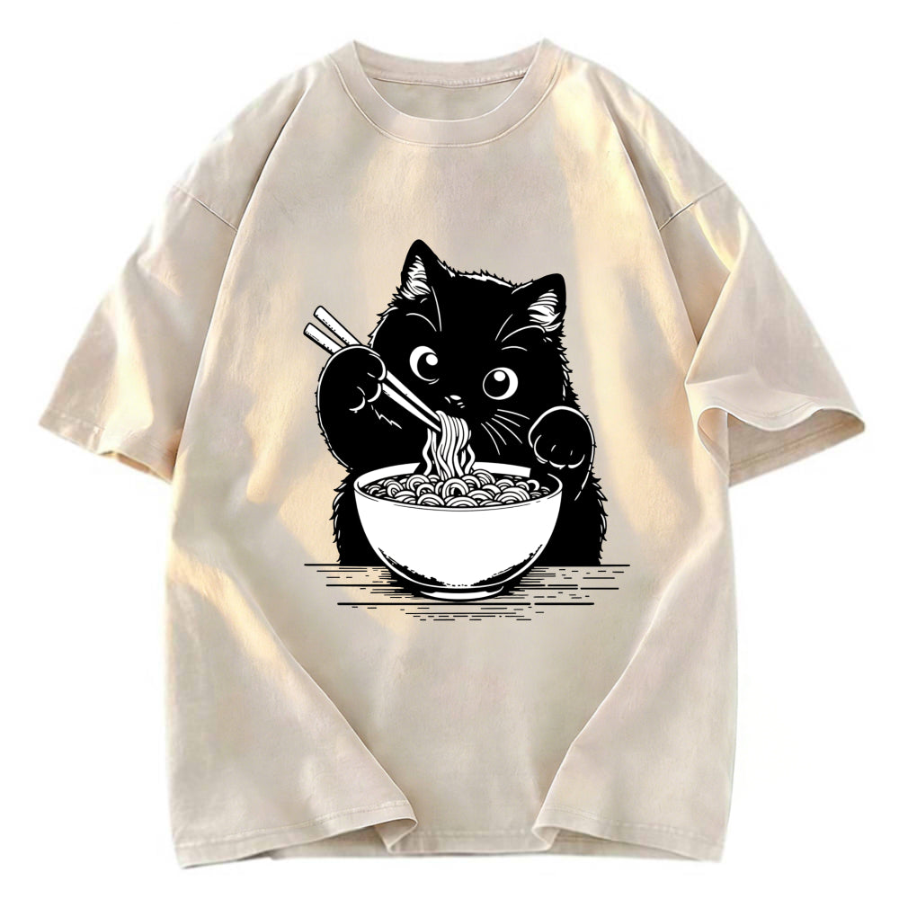 Tokyosol Cute Cat Eat Ramen Washed T-Shirt