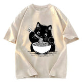 Tokyosol Cute Cat Eat Ramen Washed T-Shirt