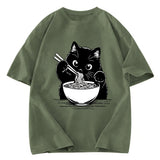 Tokyosol Cute Cat Eat Ramen Washed T-Shirt