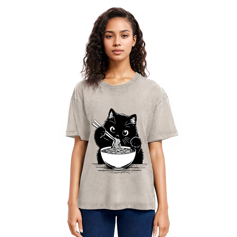Tokyosol Cute Cat Eat Ramen Washed T-Shirt