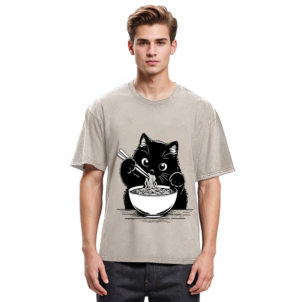 Tokyosol Cute Cat Eat Ramen Washed T-Shirt