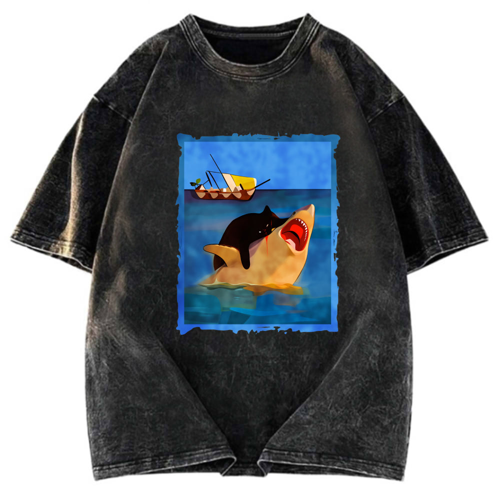Tokyosol Black Cat With Shark Washed T-Shirt