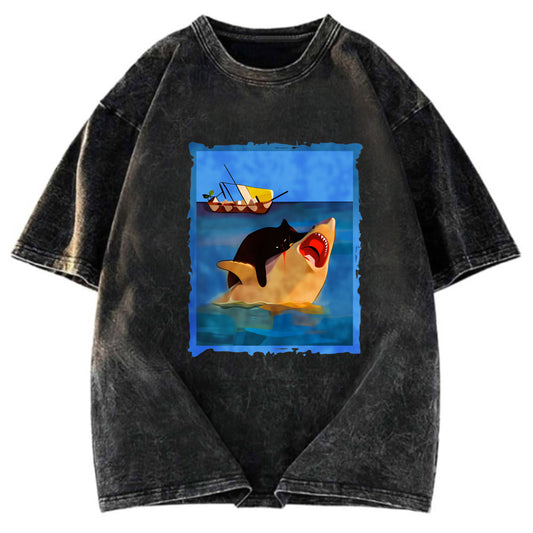 Tokyosol Black Cat With Shark Washed T-Shirt