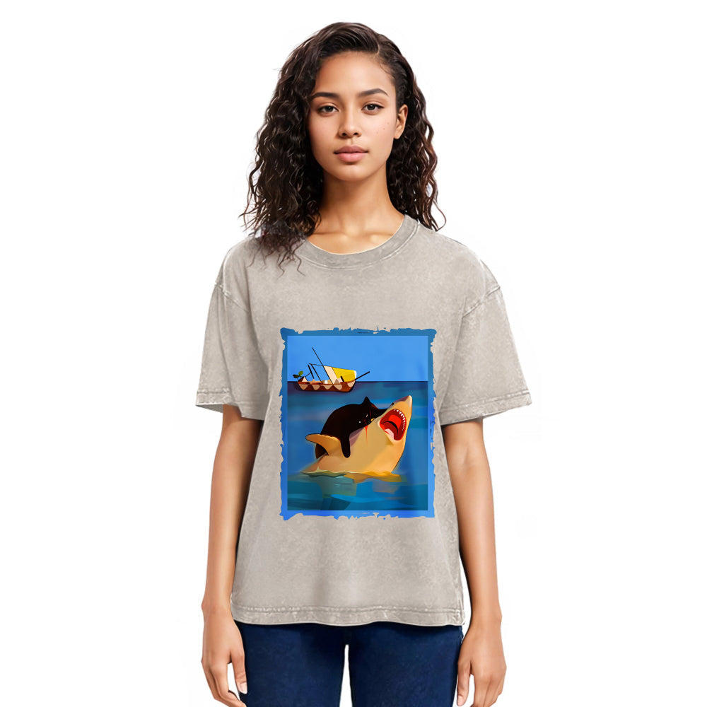 Tokyosol Black Cat With Shark Washed T-Shirt