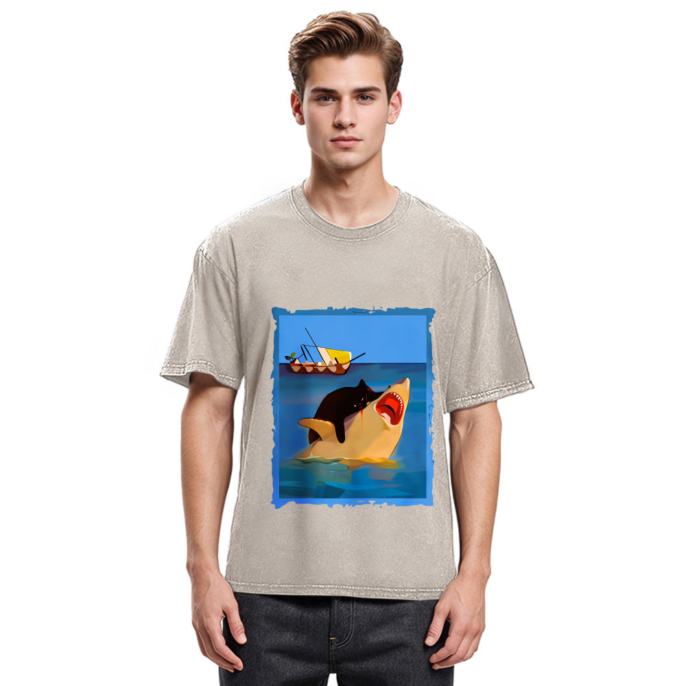 Tokyosol Black Cat With Shark Washed T-Shirt