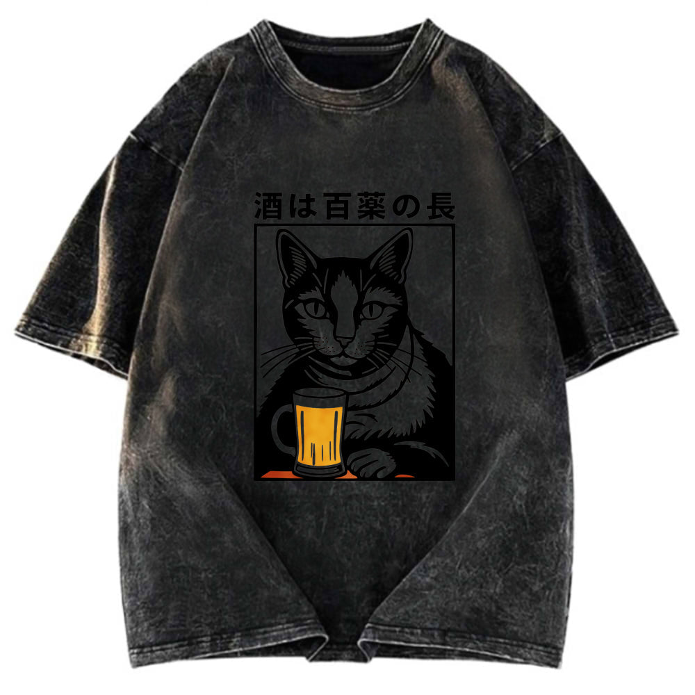 Tokyosol Cat And Beer Japanese Washed T-Shirt