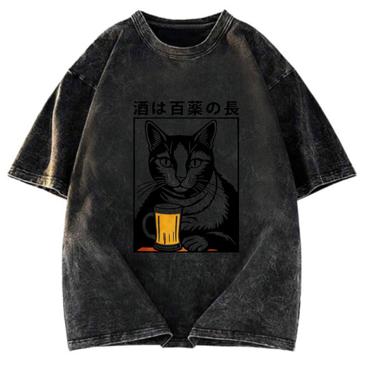 Tokyosol Cat And Beer Japanese Washed T-Shirt