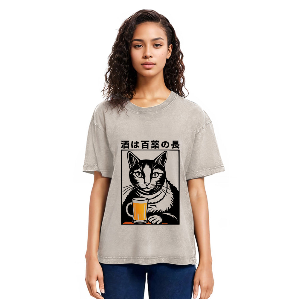 Tokyosol Cat And Beer Japanese Washed T-Shirt