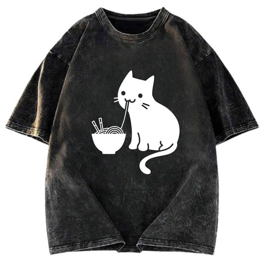 Tokyosol Cat Eating Ramen Japan Washed T-Shirt
